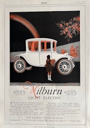 Milburn elbil 1916, Ohio USA, 2 modeller, Motor, 25x35 cm