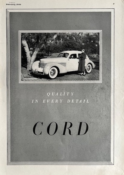 CORD 1936, USA-märke av rang, kvalitet, Esquire, 26x36 cm