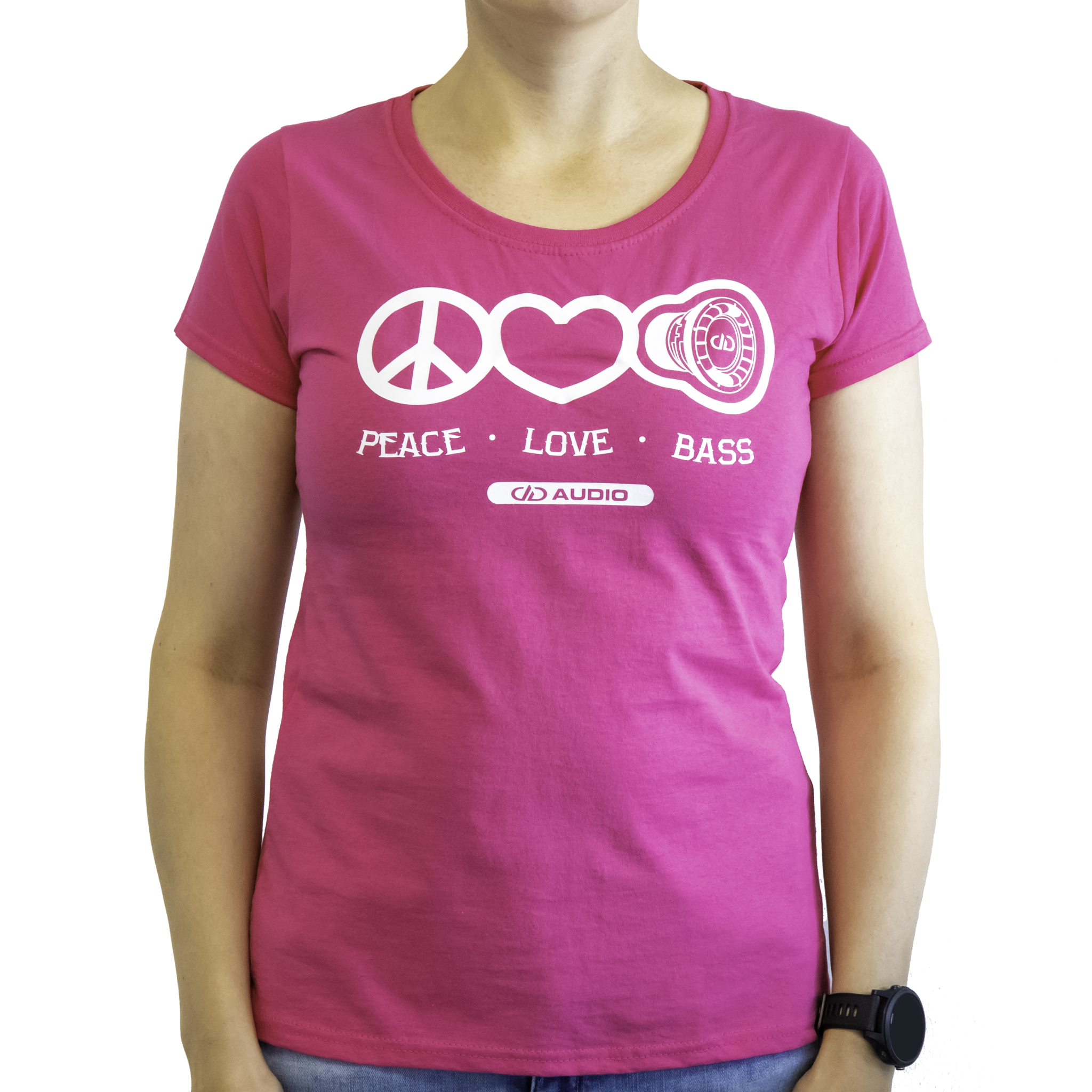 DD Women′s t-shirt L Pink Love Peace & Bass