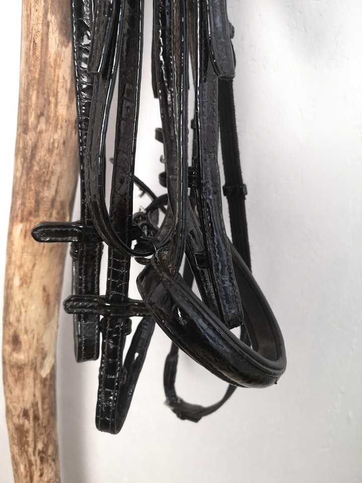 Achenträns med vävribbstyglar Capriole stl cob i läckert svart lackat krokodilmönster