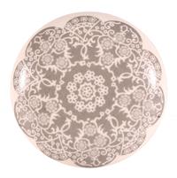 Vit knopp i keramik med grå blomma på framsidan.