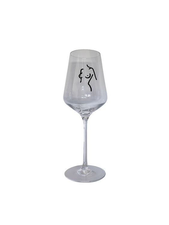 Vitvinsglas med handmålat motiv av kvinnokropp. Stilrent och modernt, passar bäst till vitt vin.