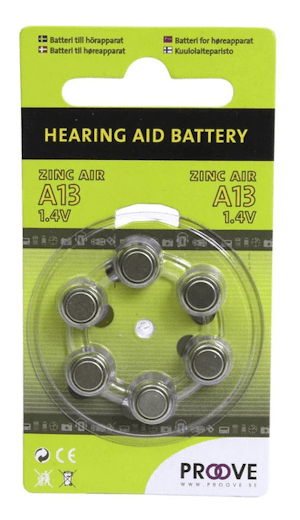 Batteri till hörapparat Proove, Zinc Air A13, 1.4V