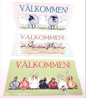 Roliga skyltar med text "Välkommen", 3 varianter