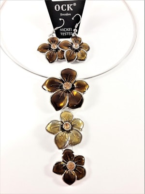 Stelt halsband med hänge av gula blommor samt matchande örhängen