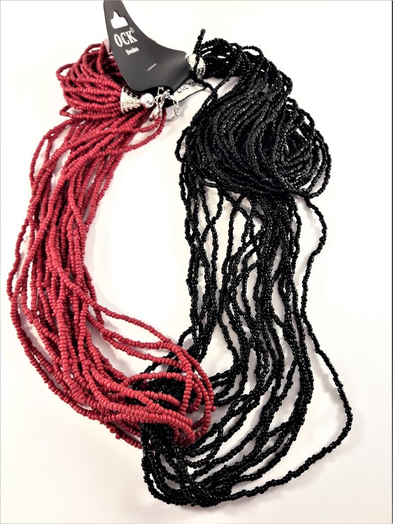 Flerradigt halsband av små pärlor, tvåfärgat röd, svart