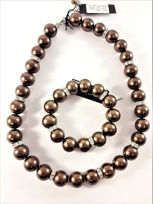 Halsband med bruna kulor och strass med matchande armband