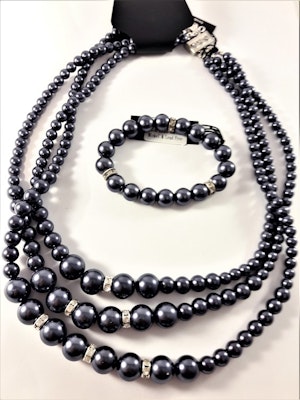 3-radigt halsband med lila kulor och strass med matchande armband
