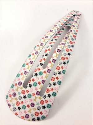 15 cm långt click-clack hårspänne, vitt med flerfärgat mönster