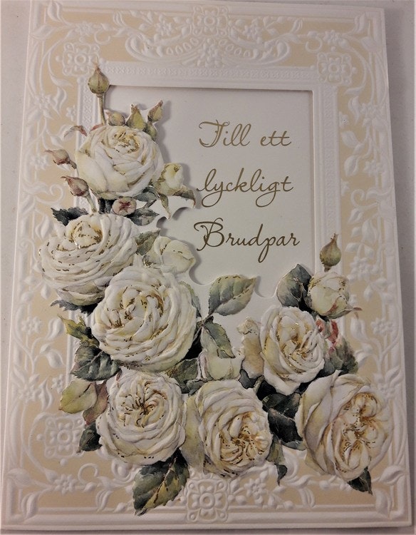 Kort, "Till ett lyckligt brudpar", med vita rosor - Trollania.se