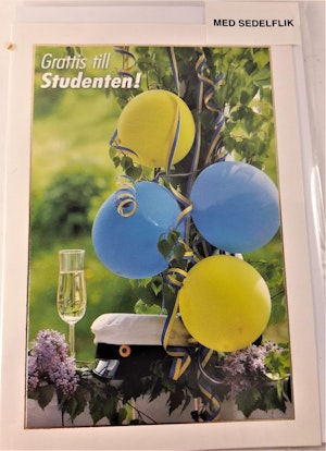 Grattiskort "Grattis till Studenten", med sedelflik