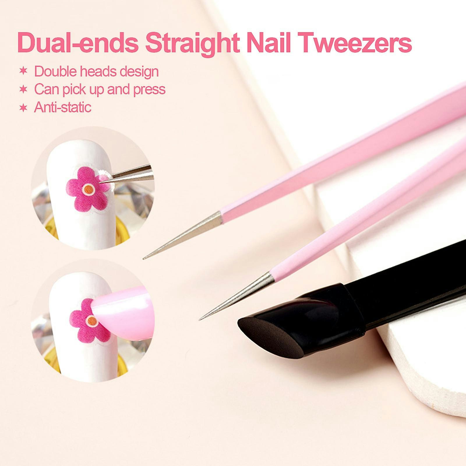 Pink Dual-ends Straight Nail Tweezers With Silicone Pressing Head For 3d Sticker