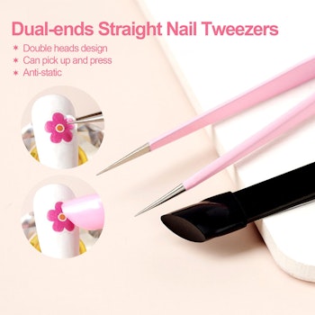 Pink Dual-ends Straight Nail Tweezers With Silicone Pressing Head For 3d Sticker