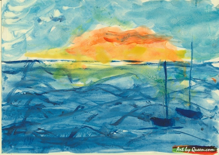 Solnedgång och två seglande båtar