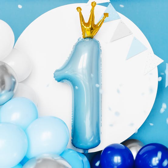 Folieballong, 1-års kalas, blå med krona