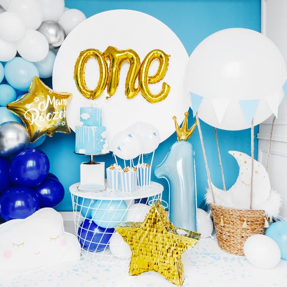 Folieballong, 1-års kalas, blå med krona
