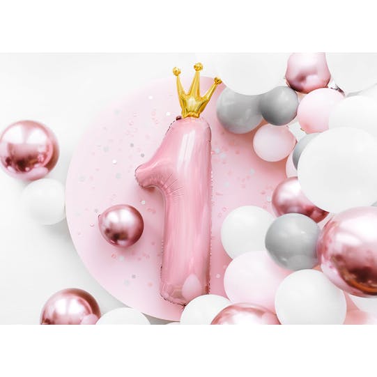 Folieballong, 1-års kalas, rosa med krona