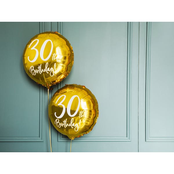 Folieballong, rund, 30 år, guld