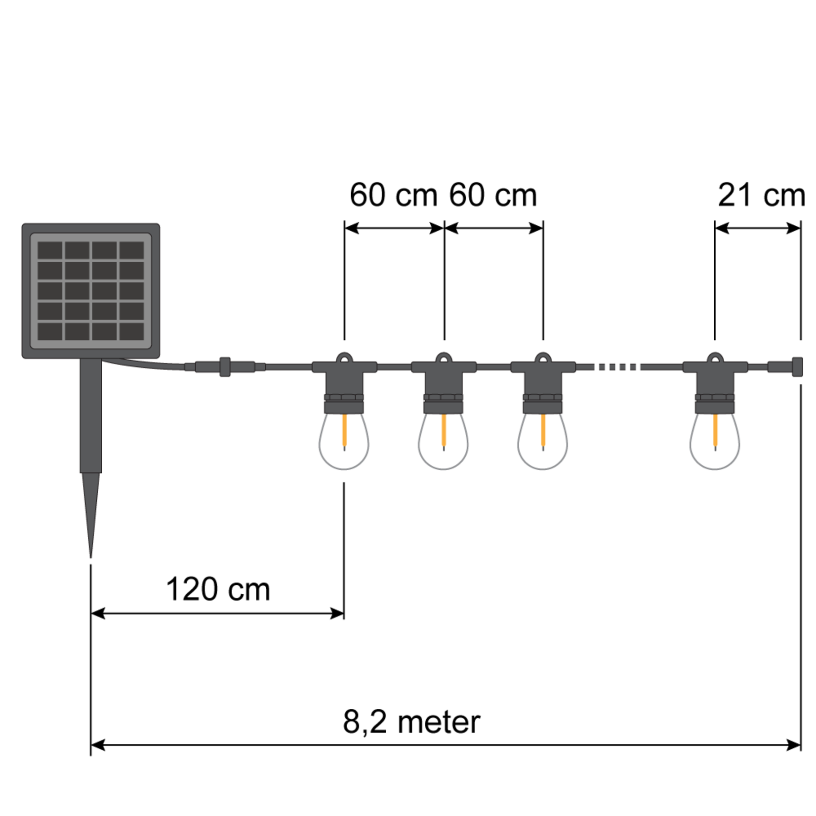 Ljusslinga Solcell utomhus - 10 meter med 10 utbytbara glödlampor 3W solpanel