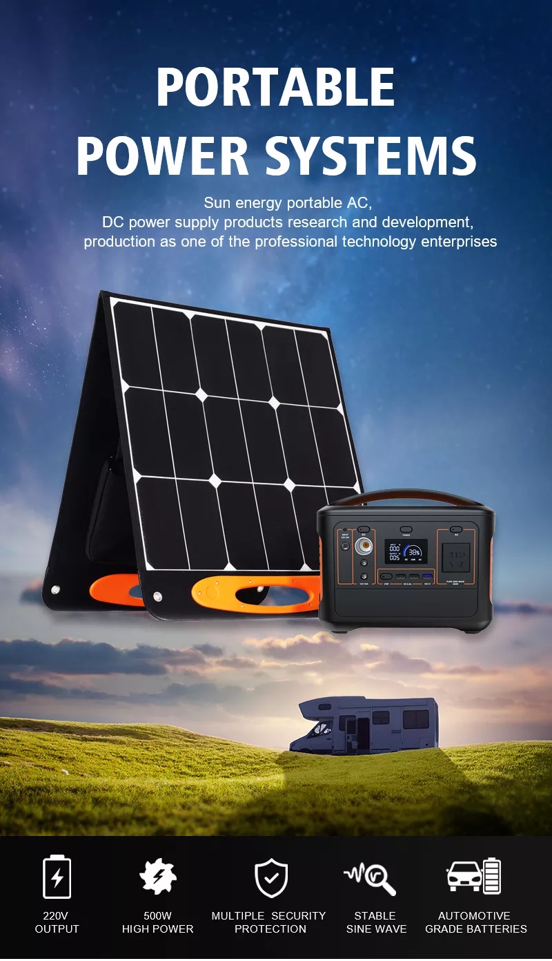 Kraftig portabel powerbank 500W med solpanel på 50W