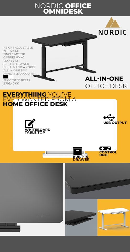 Nordic Office OmniDesk - Komplett höj-/sänkbart skrivbord - Allt-i-ett-set - 120x60 cm - Vit