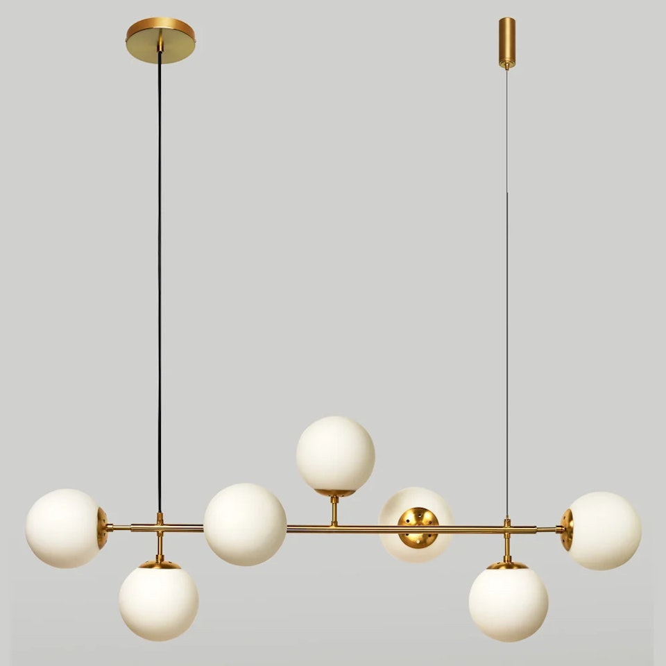 Design taklampa Hepta med guld och mjölkglas