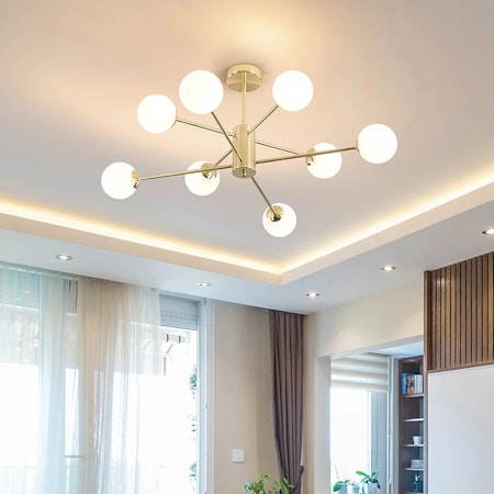 Design taklampa i sandguld med mjölkvitt glas - 8-ljus Idaho
