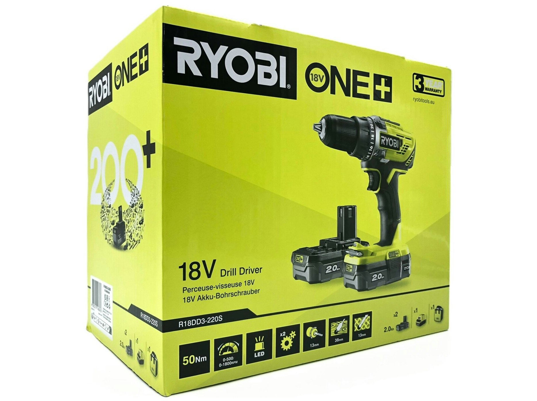 Ryobi One+ R18DD3-220S Borr/skruvdragare – 2 st batterier ingår