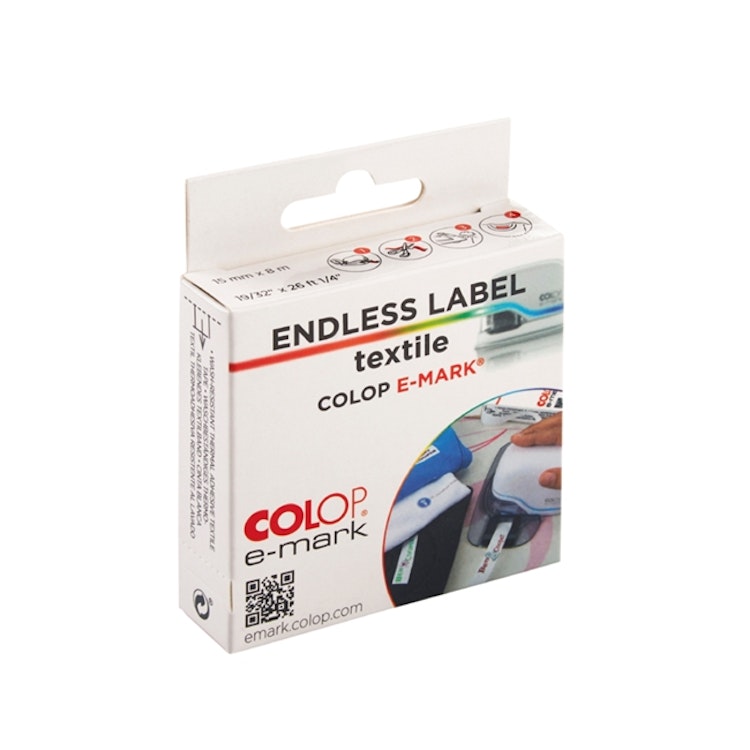 Förbeställning: Colop e-mark Etikett på rulle Textil (iron-on) 15 mm x 8 m