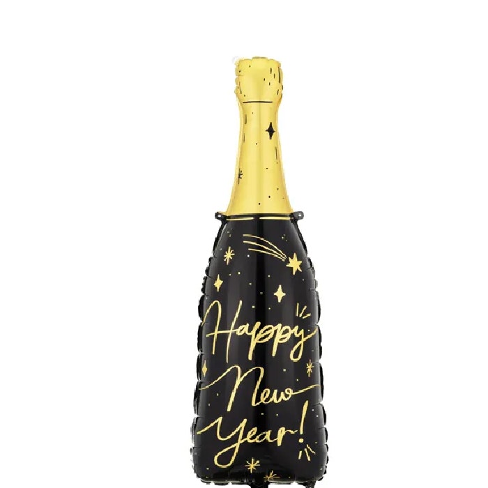 Folieballong, flaska, Happy New Year, svart