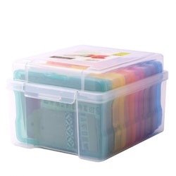 Transparent storage box with 6 colourful cases