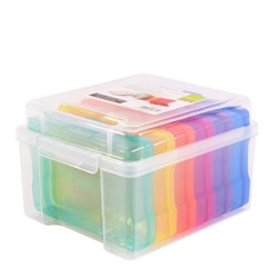 Transparent storage box with 6 colourful cases