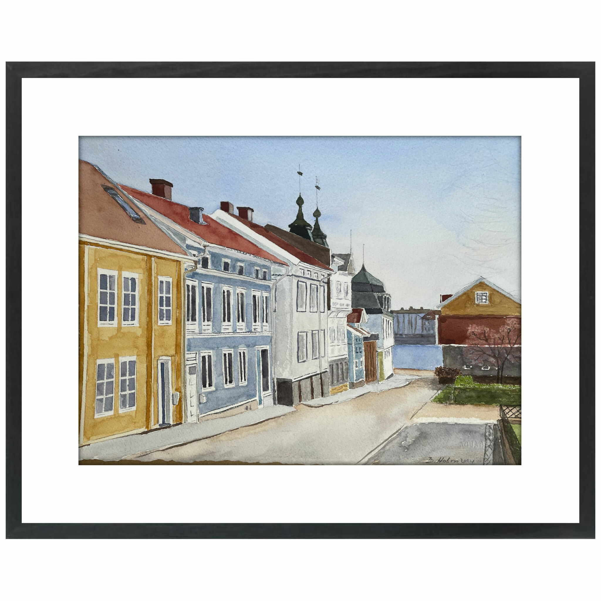 Akvarell Drottninggatan Marstrand svart ram