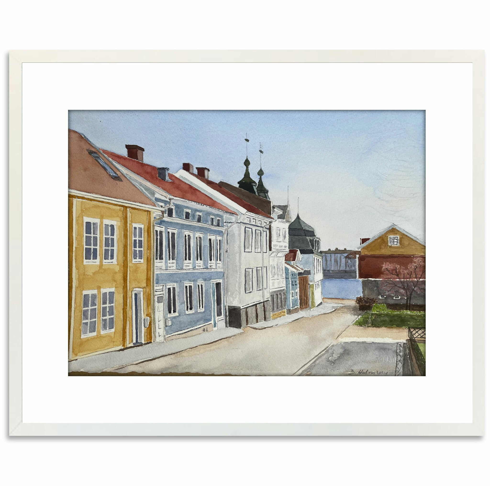 Akvarell Drottninggatan Marstrand vit ram