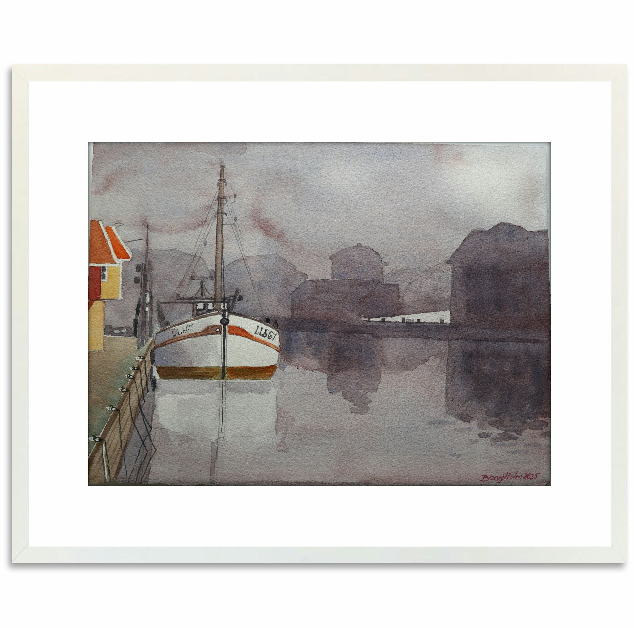 Akvarell Asta Smögens hamn vit ram