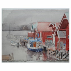 Akvarell Sjöbodar Kile Fisketången SÅLD