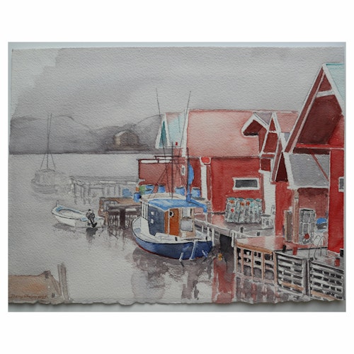 Akvarell Sjöbodar Kile Fisketången SÅLD