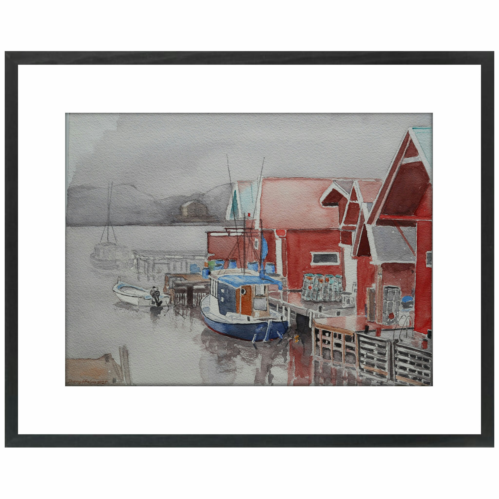 Akvarell Sjöbodar "Kile" Fisketången svart ram