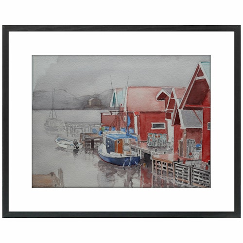 Akvarell Sjöbodar Kile Fisketången SÅLD