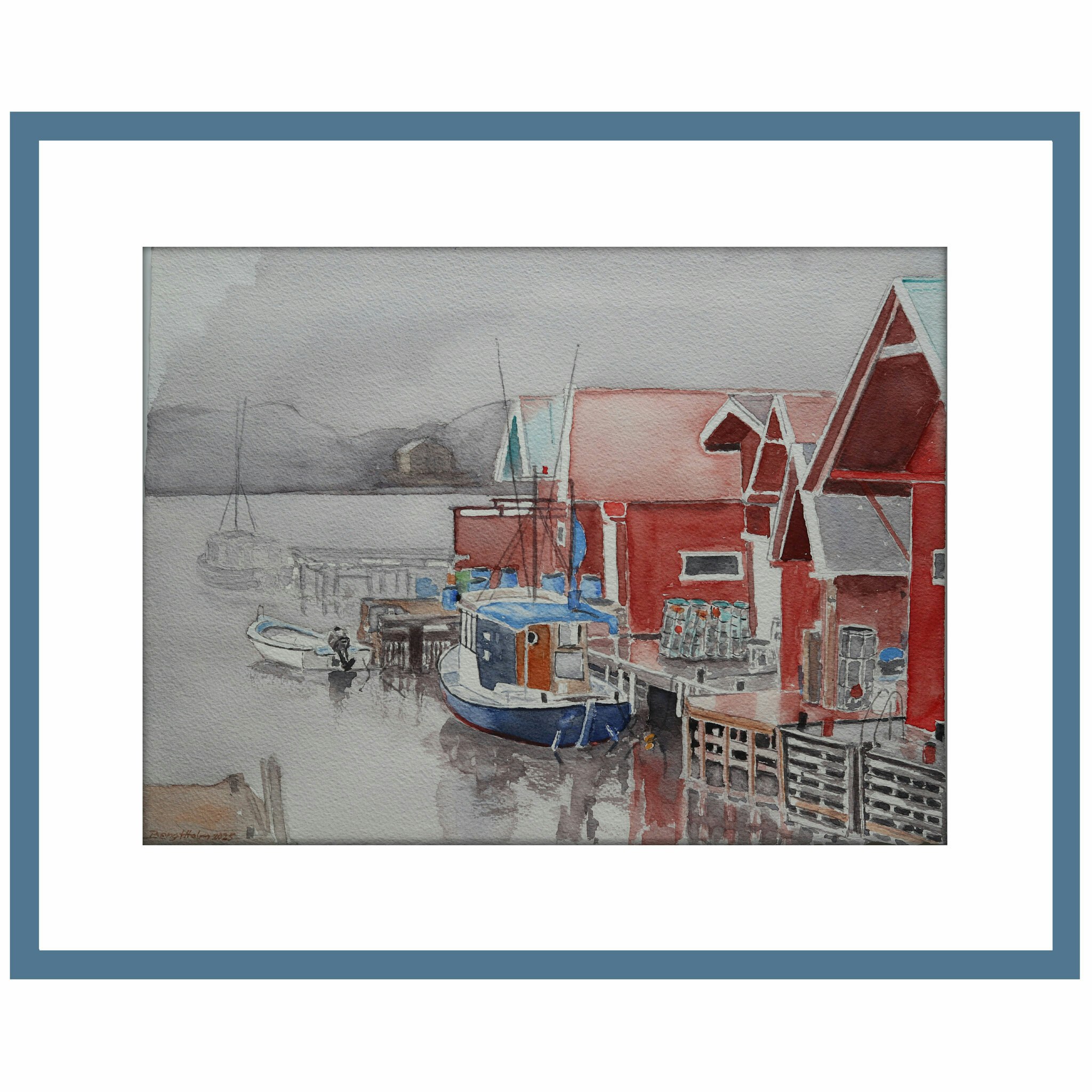 Akvarell Sjöbodar "Kile" Fisketången blå ram
