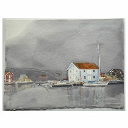Akvarell Blå sjöbod i Smögens hamn