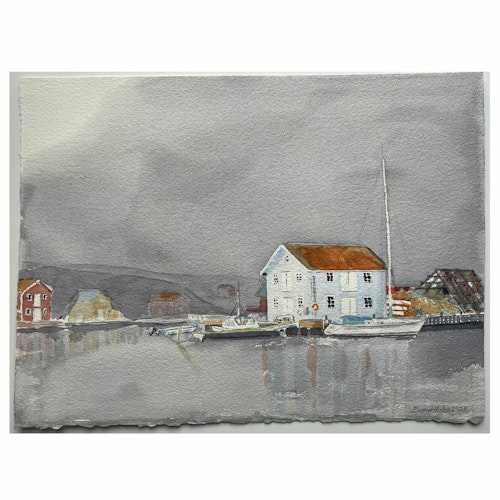 Akvarell Blå sjöbod i Smögens hamn