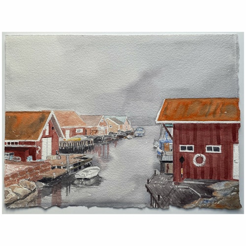 Akvarell Sjöbodar Kile 2 Fisketången SÅLD