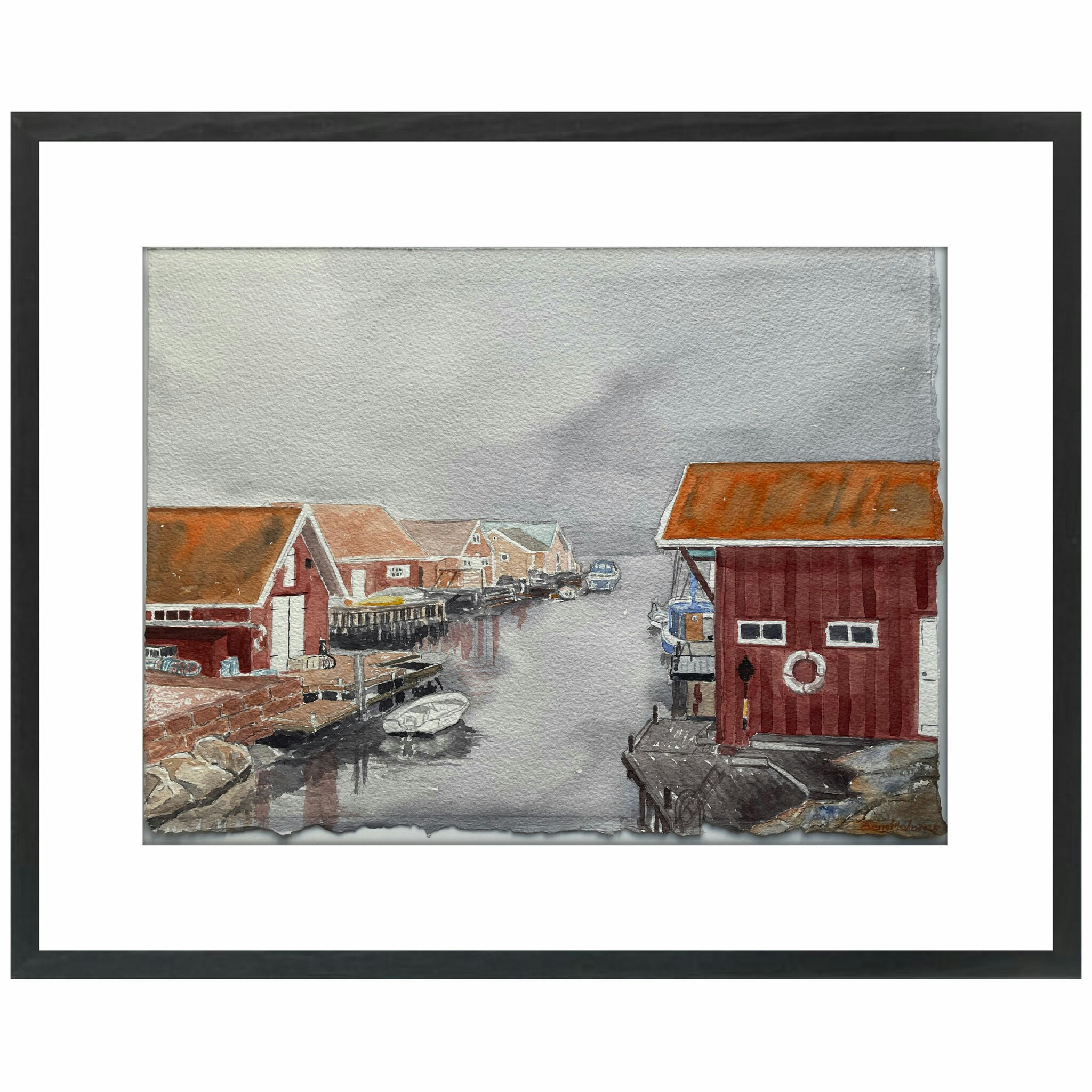 Akvarell Sjöbodar Kile 2 Fisketången svart ram