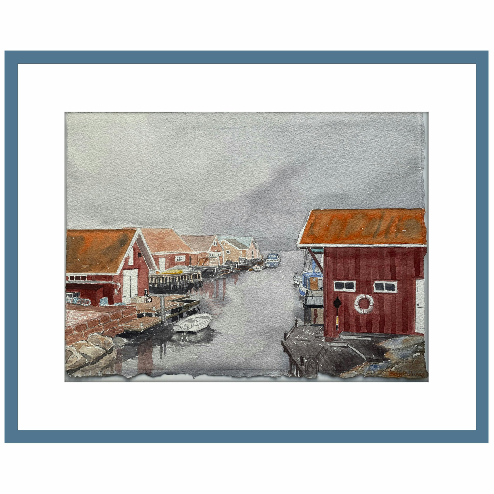 Akvarell Sjöbodar Kile 2 Fisketången blå ram