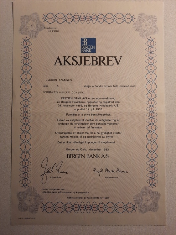 Aksjebrev Bergen Bank 1983