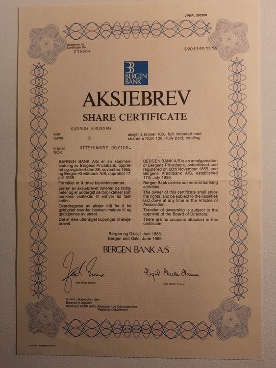 Aksjebrev Bergen Bank 1985