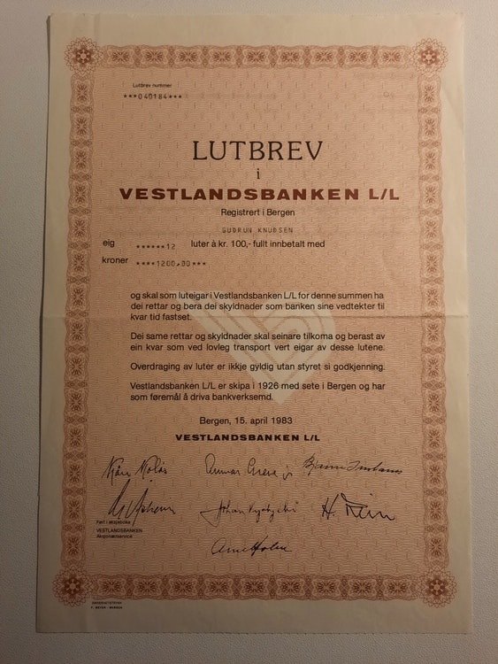 Lutbrev Vestlandsbanken L/L 1983