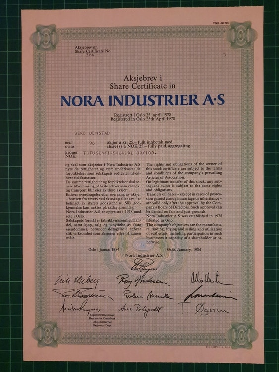 Aksjebrev Nora industrier 1984
