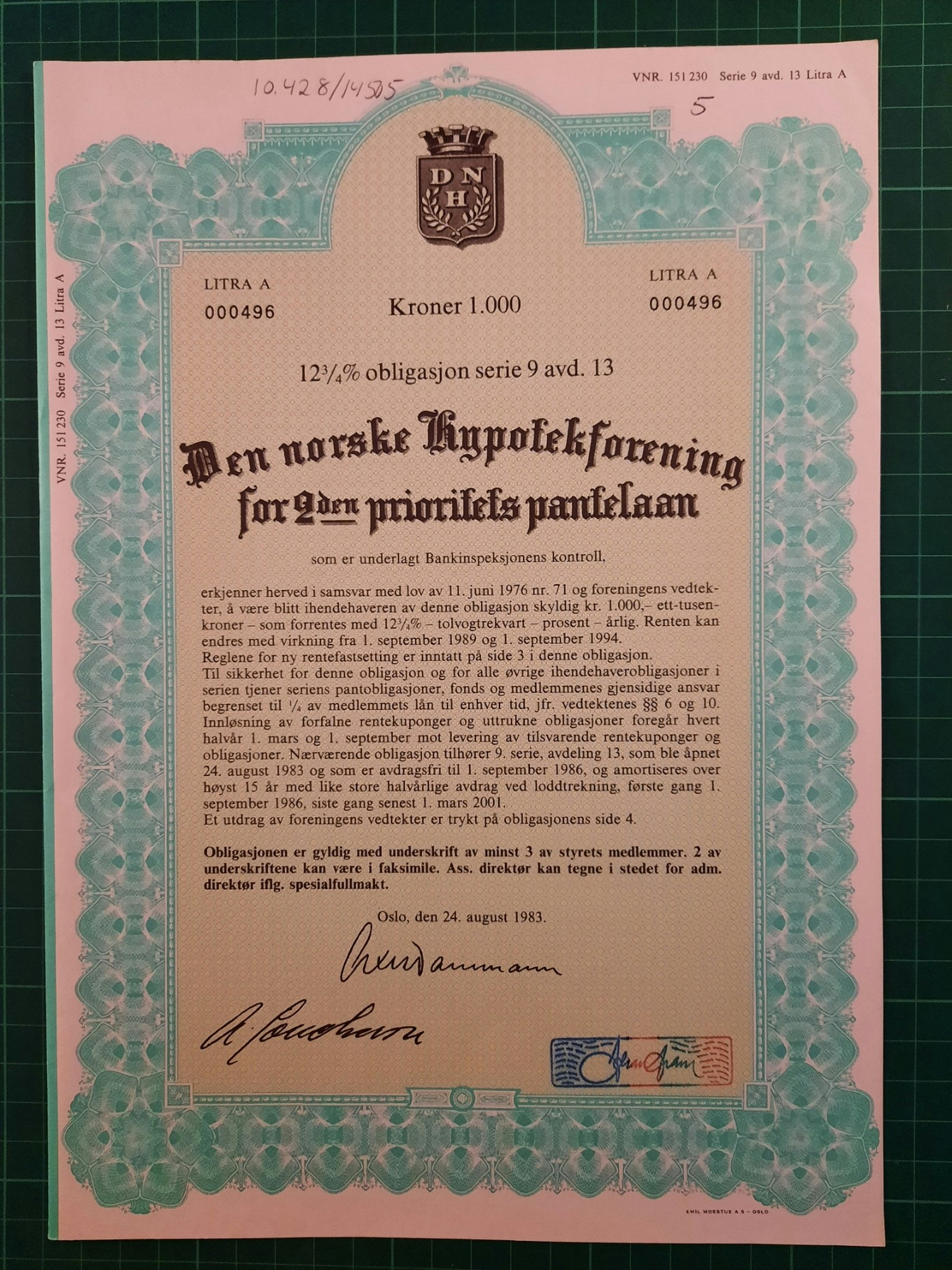 Obligasjon Den Norske hypotekforening 1983 1.000,-